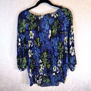 Avenue Blouse Floral Smocked Pleated Peasant 18/20 Blue Plus Size Women